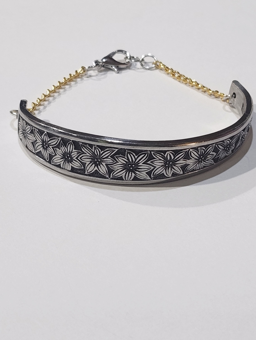Floral Engraved Silver-Tone Cuff Bracelet with Gold Accent Chain - Picture 1 of 3